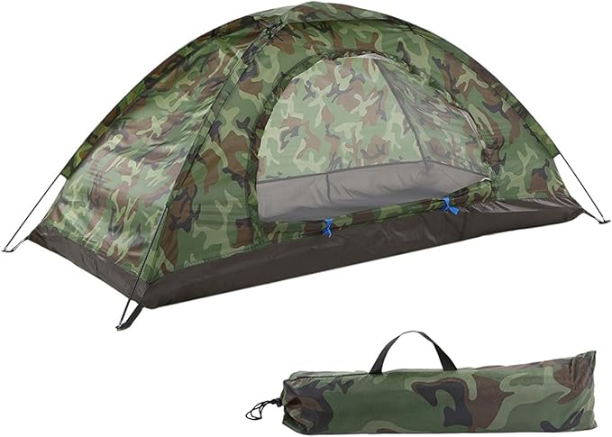 Outdoor Double-door Tent Ultralight Camping Tent Camouflage Hiking Shelter With Sun Protection And Breathable Mesh Roof Design Includes Rain Cover Backpack Poles And Stakes(1 person)