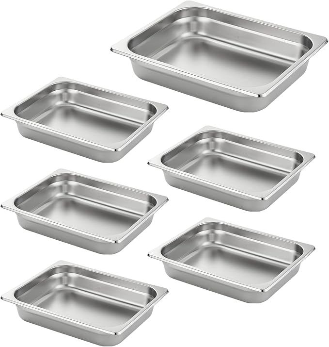 HECMAC 6 Pack Anti-Jam Hotel Pans 1/2 Size 2 1/2 Inch Deep Commercial Stainless Steel Chafing Steam Table Pan Catering Storage Metal Food Pan 23 Gauge
