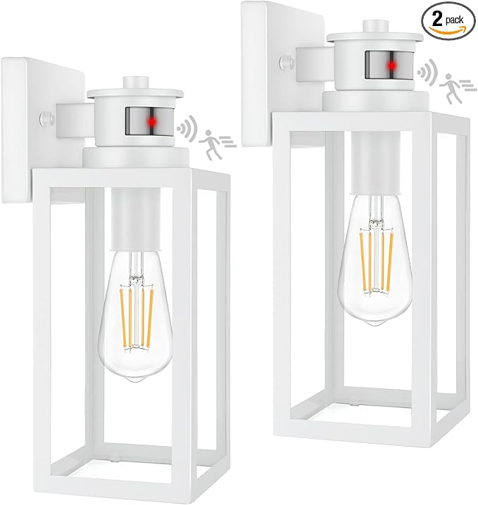 2-Pack Motion Sensor Outdoor Wall Lantern Dusk to Dawn Exterior Light Fixtures Wall Mount White Outside Light for House Waterproof Outside Lantern Sconces Anti-Rust Porch Lighting with Clear Glass