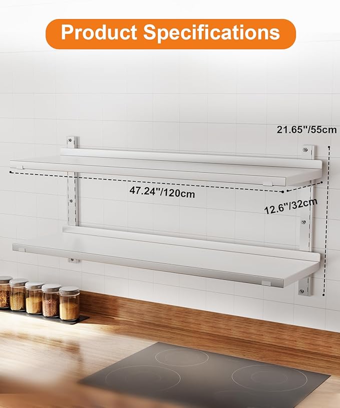 Stainless Steel Shelf 47.2 X 12.6 Commercial Floating Wall Shelf with Brackets 154Lbs Capacity Adjustable Double-Layer Metal Heavy Duty Storage Rack for Restaurant Kitchen Bar Home Hotel