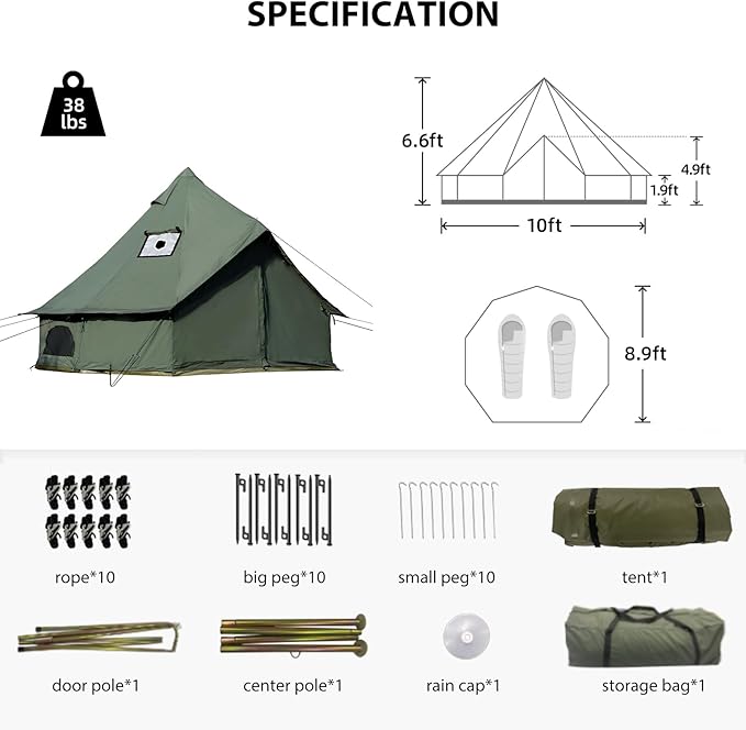 Cotton Canvas Bell Tent with Stove Jack Roomy Yurt for Family Glamping Camping 4 Season Tent with Zipped Removable Floor