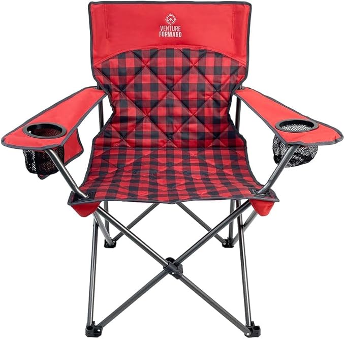 Quilted Quad Camping Chair with Carry Bag – Padded Folding Outdoor Chair with Armrests &amp Built-in Cup Holder for Camping Tailgating RV &amp Outdoor Events