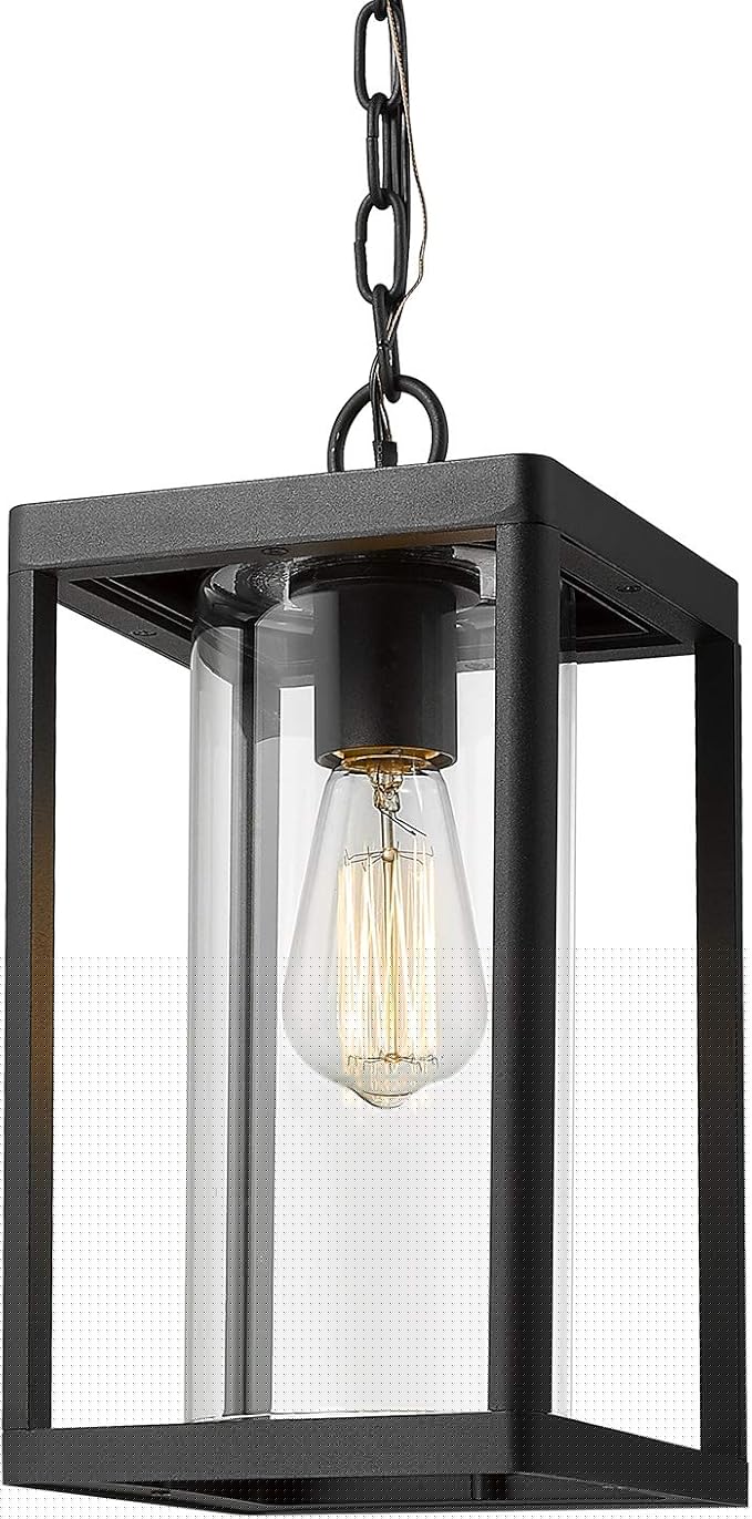 Beionxii Outdoor Pendant Light Modern Exterior Hanging Porch Lantern Black Cast Aluminum w/Clear Cylinder Glass - A291H-1PK
