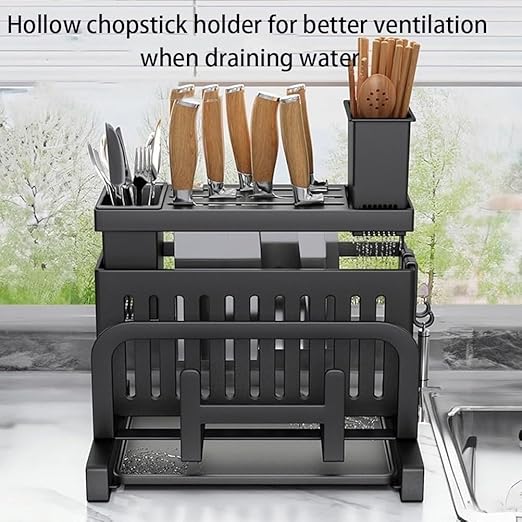 Kitchen Knife Block Organizer with Drip Tray | Ventilated Countertop Storage for Knives Cutting Boards &amp Pot Lids | Space Saving Keeps Dry(GrayB)