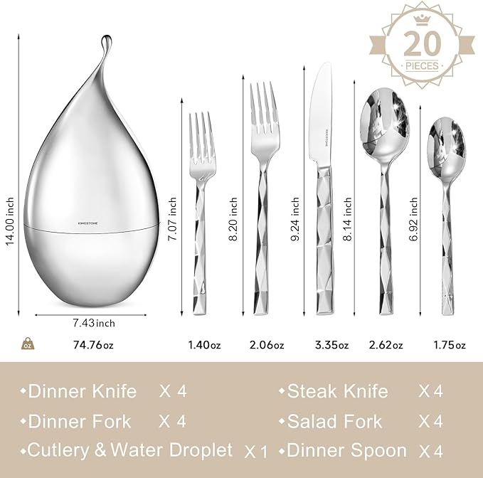 KINGSTONE Silverware Set with Waterdrop Storage Organizer Luxury 20 Piece Flatware Set for 4 18/10 Stainless Steel Cutlery Set with Diamond Cut Pattern Ideal for KitchenParty and Gift