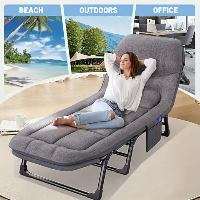 Leo IRis Portable Folding Camping Cot Oversize Adjustable 5-Position Adults Reclining Lounge Chairs with Pillow Heavy Duty Oxford Cloth 600D with Mattress (Gray - Luxury Bed)