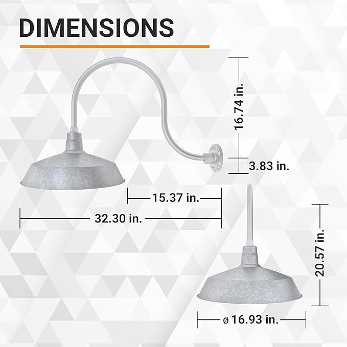 17in. Galvanized Finish Outdoor Gooseneck Barn Light Fixture with 24in. Long Extension Arm - Wall Sconce Farmhouse Vintage Antique Style - UL Listed - 9W 900lm A19 LED Bulb (5000K Cool White)