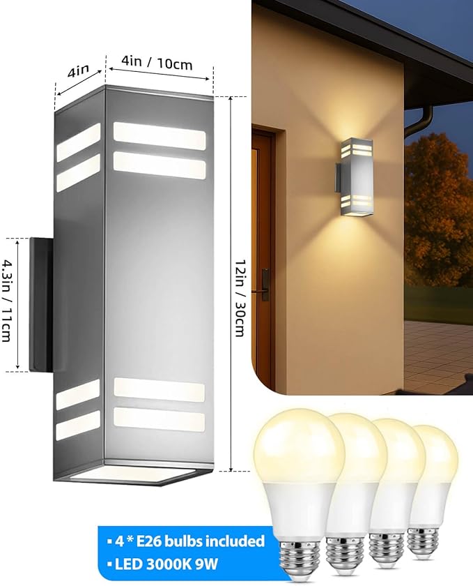 KIZON Modern Dusk to Dawn Outdoor Lighting 2 Pack Stainless Steel Up and Down Sconce with E26 Base Includes 3000K Bulbs Waterproof Exterior Lighting Fixtures Outdoor Lights for House Porch Garage