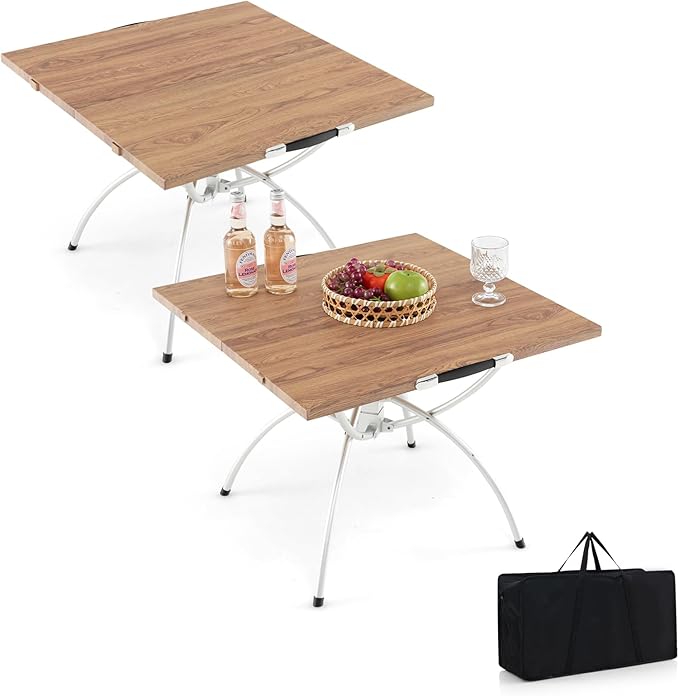 Goplus Aluminum Camping Table 2 PCS Folding Picnic Tables w/Extendable Design Wood-Grain Tabletop Carrying Bag Non-Slip Foot Pads Portable Beach Table for Camp Hiking BBQ Party