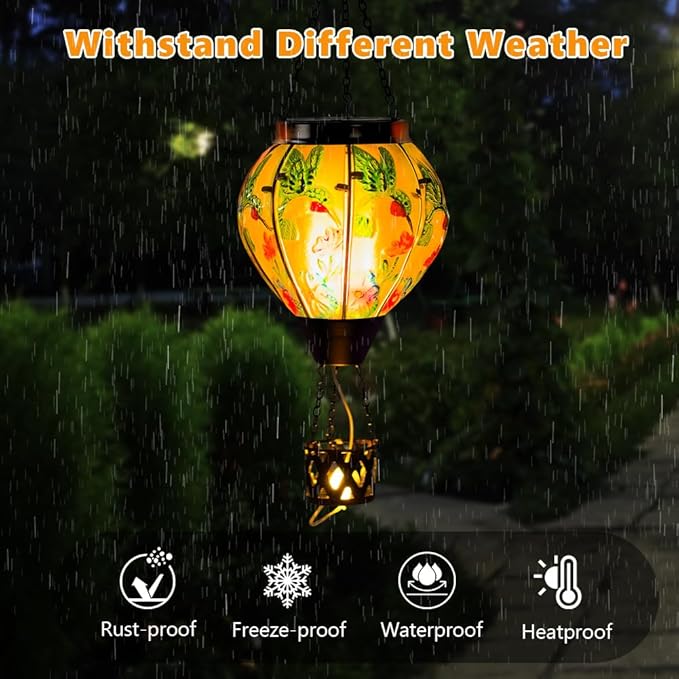 Starsoul Hummingbird Hot Air Balloon Solar Lantern with Candle Holder Glass Outdoor Solar Hot Air Balloon Flickering Flame for Lawn Porch Yard Decorations Gifts for Women Mom Grandma