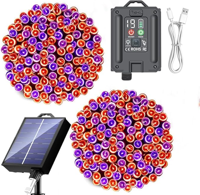 New Upgraded Orange and Purple Solar Halloween Lights 19 Modes 2 Pack Total 144FT 400 LED Solar String Lights Outdoor Waterproof Solar &amp USB Rechargeable for Halloween Decorations Orange &amp P