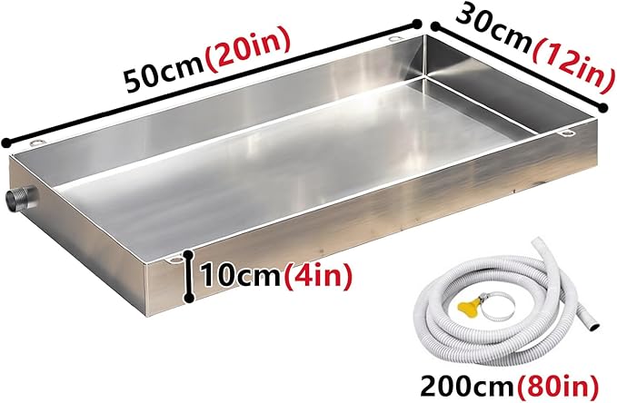 304 Stainless Steel AC Drain Pan with Flexible Hose - 4 Height Leakproof Tray for Air Conditioners Kitchens and Plants (30x50cm/12x20in) - Durable &amp Versatile