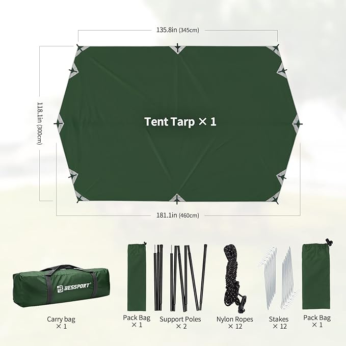 Bessport Camping Tarp 16×9.8FT with 2 Poles Lightweight Car Awning Sunshade Portable Multifunctional Backpacking PU 3000mm Waterproof Rain Fly Hammock Tarp for OutdoorTraveling Hilking