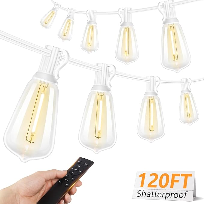 Brightever 120FT LED Outdoor String Lights with Remote Patio Lights Outdoor Waterproof with 38 Shatterproof Edison Bulbs Dimmable Outside Hanging Light for Birthday Party Christmas Decor White