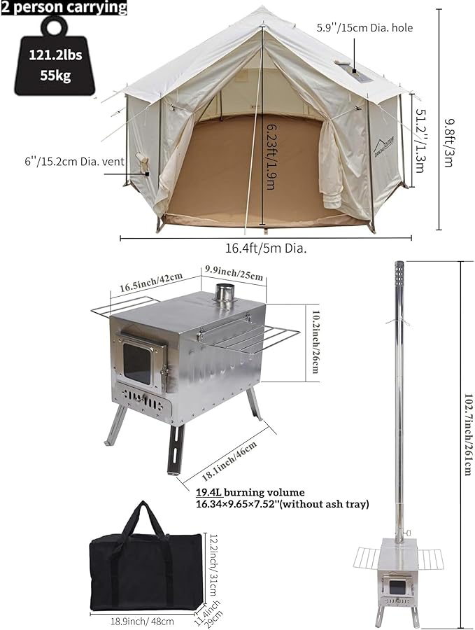 DANCHEL OUTDOOR B6 4 Season Glamping Wall Tent w/Large Wood Stove Camping No Center Pole Higher Side Wall 900D Flame Retardant Oxford for 4-8 Person Yurt Cabin Tent13ft/16.4ft