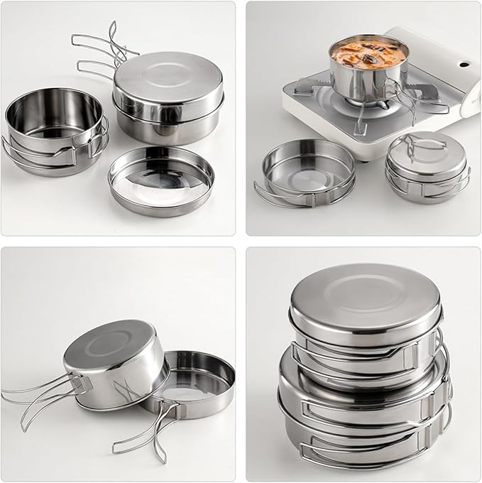 Stainless Steel Camping Cookware Set Outdoor Pot Pan Set Foldable Handle Lightweight 4pcs Mess Kit Portable for Hiking Picnic Backpacking