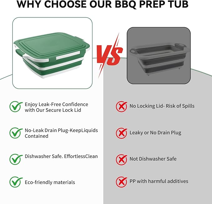 Collapsible BBQ Prep Tub for Meal Prep MarinatingFood Storage picnics camping barbecuescutting fruits and vegetables - Includes Cutting Board and Locking Lid(X-Large) Green