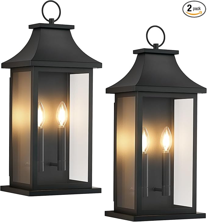 tewei 18'' Large Outdoor Wall Light Porch Light Outdoor Wall Sconce Lantern 2-Light Black Exterior Lighting Fixture Wall Mount Outside Light for House Garage 2-Pack