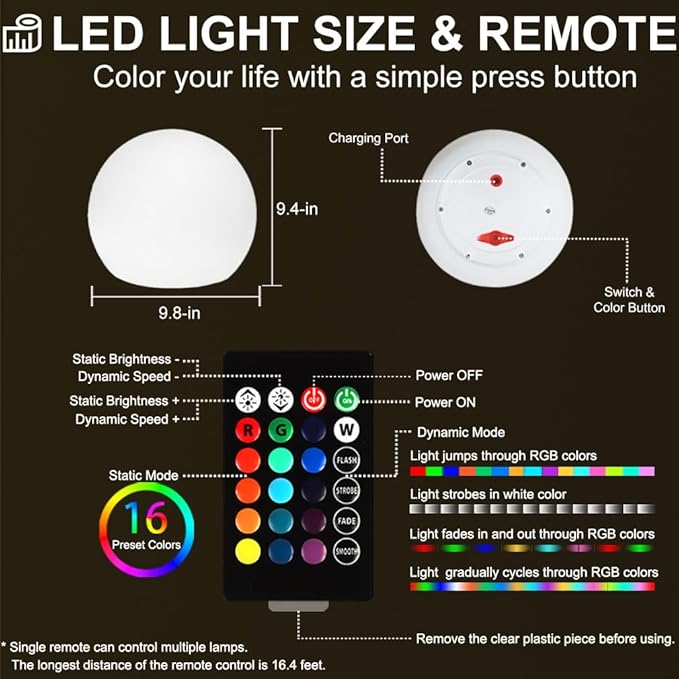 10 In LED Globe Light w/Remote 16 RGB Colors 4 Modes &amp 8 Dimmable Brightness LED Ball Light Sphere Lamp Rechargeable Orb Night Light Waterproof Outdoor Globe Lamp for Home/Yard/Lawn/Party/Pool D