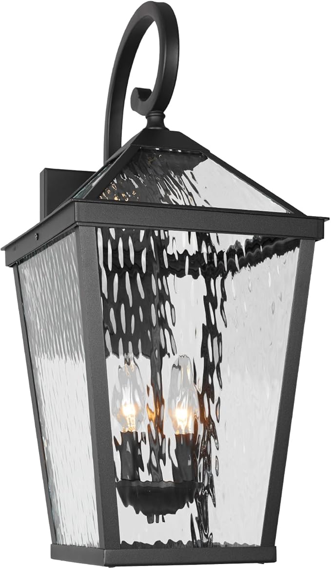 Treekee Outdoor Wall Light Fixture Modern Waterproof Exterior Wall Lantern with E12 Sockets &amp Water Ripple Glass Matte Black Rustic Wall Sconce Porch Lamp for Patio Garage Yard Front Door Ga