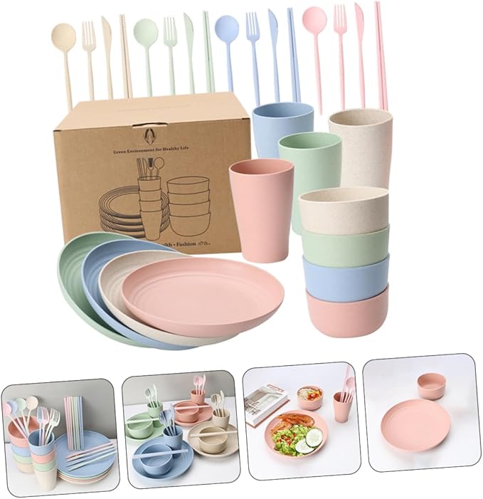 ABOOFAN 28-Piece Wheat Straw Cutlery Set Bowls Plates Cups Forks Spoons and Chopsticks Lightweight Dishwasher Safe Tableware for Home and Camping