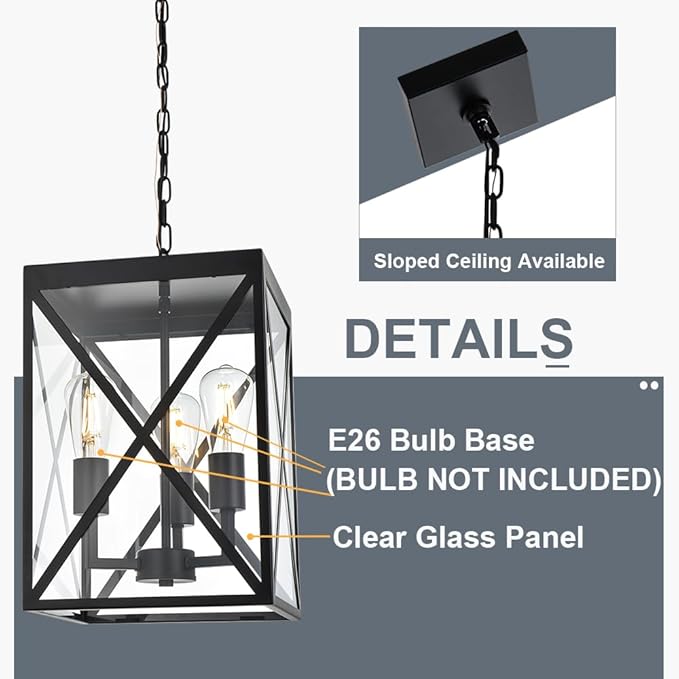 TODOLUZ Large Outdoor Porch Light Adjustable Chain 3-Lights Modern Outdoor Pendant Lighting in Matte Black Finish Outside Ceiling Mount Lamp for House Front Door Porch Patio Entryway