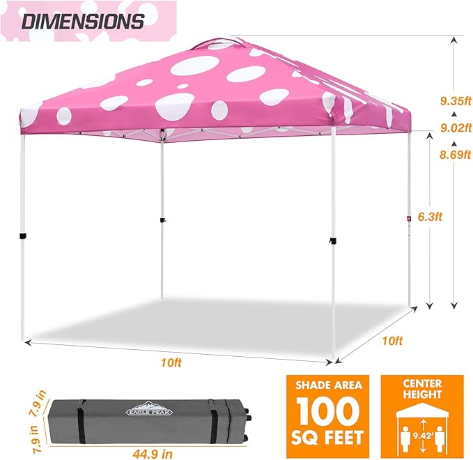 EAGLE PEAK Pop Up Canopy Tent with Wheeled Carry Bag 8 Stakes 4 Ropes 4 Weight Bags Easy Set Up Tent Canopy 10x10 ft 100sqft of Shade Pink Mushroom