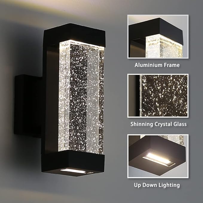Cerdeco Modern Crystal Bubble Outdoor Wall Light Matte Black Painted 12 W 3000 K Warm White Up Down Light Fixture