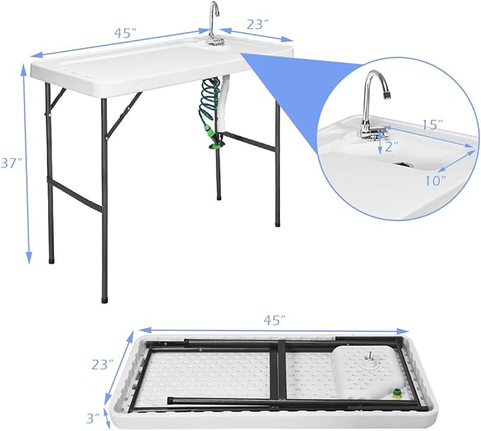 GYMAX Fish Cleaning Table with Sink Folding Fish Cleaning Station with Adjustable Spray Cleaner Foldable &amp Rotatable Faucet Portable Fillet Table for Outdoor Camping Fishing Picnic