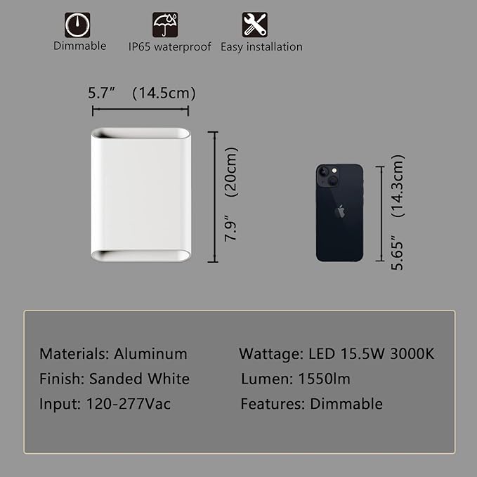 LED Wall Lights Outdoor Wall Sconces Dimmable 15.5W IP65 Waterproof Porch Lights Up and Down Modern Wall Lamps for Garage Yard 3000K 120-277V CRI 90+ Set of 2 (White)