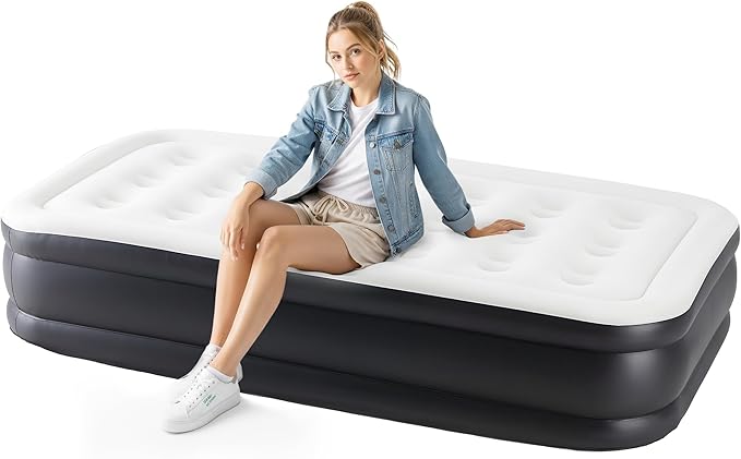 Simple Deluxe Twin Camping Air Mattress 18 Bed Height with Built-in Electric High-Speed Pump Blow Up Inflatable Airbed with Carrying Bag for Home Guests &amp Travel Waterproof Foldable Portable