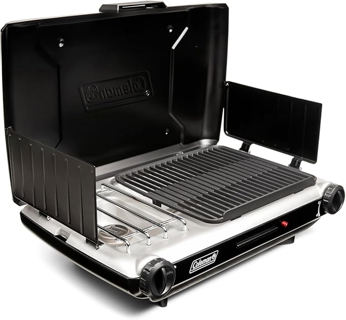 Coleman Tabletop 2-in-1 Grill &amp Stove with 2 Adjustable Burners Propane Grill/Stove with Push-Button Starter Wind Guards Grease Tray &amp 20000 BTUs of Power for Camping Tailgating &amp M