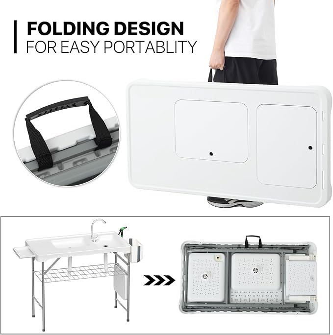 MoNiBloom Folding Fish Cleaning Table with Double Sink Portable Camping Outdoor Heavy-Duty Fillet Station with Faucet Drainage Hose Sprayer and Knife for Picnic Fishing Garden Patio Beach White