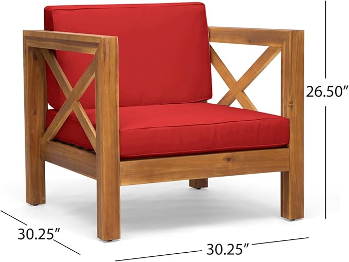 Mid-Century Modern Outdoor Club Chair with Acacia Wood Frame and Water-Resistant Cushions for Patio Garden Backyard Seating (Red)