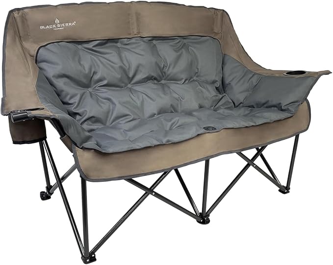 Black Sierra Double Camping Chair for Adults Oversized Folding Loveseat Supports 600 lbs Plush Padded Outdoor Couch with Cup Holders and Carry Bag for Beach Patio RV or Tailgating Events