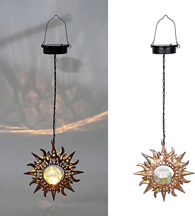 Solar Lights Outdoor Waterproof Garden Decor Hanging Sun Lanterns with Crackle Glass Ball LED for Garden Patio Yard Porch Unique Gardening Gifts for Women Mom Grandma