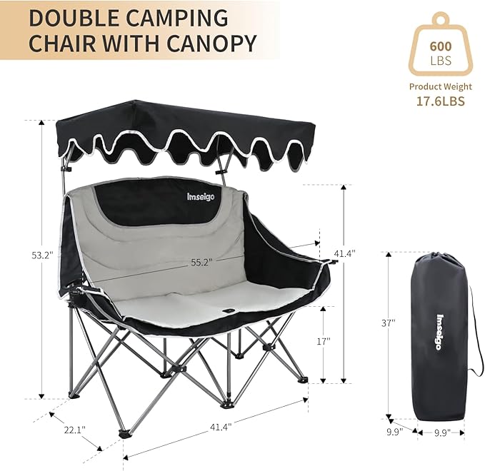 Double Camping Chair with Adjustable Shade Canopy Oversized Portable Folding Loveseat Couch 2 Person Soft Padded Couch Back Storage Bag Cup Holder for Outdoor Lawn Backyard
