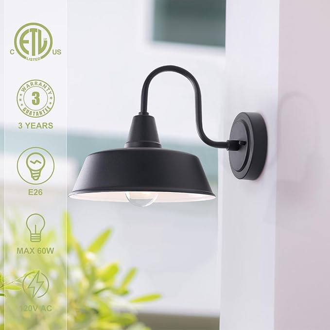 Matte Black Outdoor Gooseneck Barn Light for Porch 10 Inch Dome Farmhouse Exterior Wall Lighting with Wall Mount Outside Wall Sconce Light Fixture for House Porch Garage