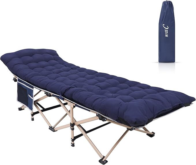 Nice C Camping Cots with Cushion Camping Cots with Mattress for Adults Folding Cot with Pillow Carry Bag &amp Storage Pocket Extra Wide Sturdy Holds Up to 500 Lbs (1 Mattress Navy)