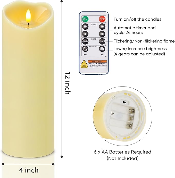 Amagic 4” x 12” Extra Large Waterproof Outdoor Flameless Candles Battery Operated with Remote Control and Timer Flickering LED Pillar Candle for Outdoor Patio Porch Decor Dark Ivory Set of 2