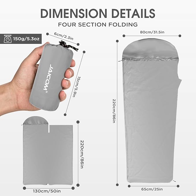 Ultralight Sleeping Bag Liner - 5.3 oz Washable Adult Sleep Sack &amp Travel Sheets Self Tan Sleep Sack with Two-Way-Zipper for Backpacking Hotel Camping Travel
