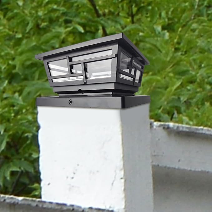 Ceybo Solar Post Cap Lights 2-Pack 3.9 9 Lumens Warm White Outdoor Waterproof LED Fence Cap Lights for 4x4 Wooden Posts Deck Yard or Gate Dusk to Dawn Auto On/Off (Black)