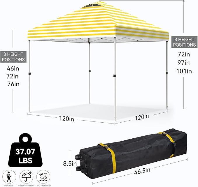 Nazhura 10' x 10' Pop Up Canopy with Sand Weight Bag Awing for Patio Freestanding Sun Shelter for Picnic and Camping One Person Setup White (Yellow Stripe)