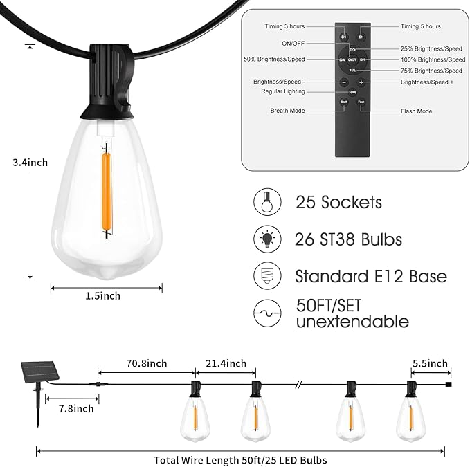 RTTY Solar String Lights Outdoor Waterpoof 50ft with 25pcs Dimmable Shatterproof ST38 Vintage BulbRemote Solar Powered BistroCafe &amp Patio Lights