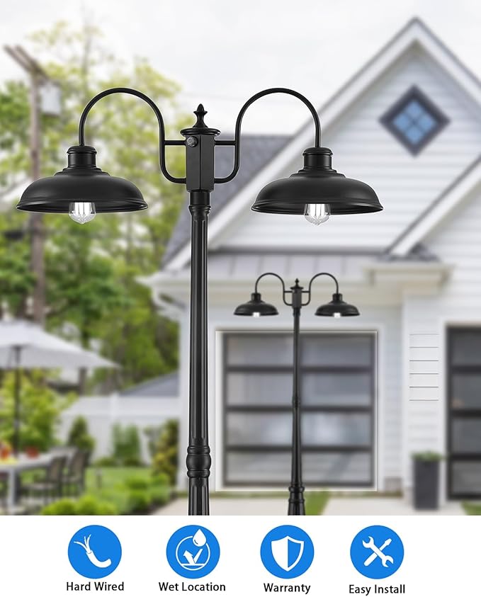 Outdoor Post Light Dusk to Dawn Outdoor Lamp Post Lights 2-Head Farmhouse Street Light Fixture Exterior Black Pole Lights Waterproof Lantern Lamp Outdoor Lighting for Garden Patio Pathway