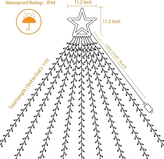 Christmas Decoration Star Lights Outdoor 320 LED 16.4Ft Christmas Tree Toppers String Lights[8 Modes&amp Waterproof] for Halloween Xmas New Year Holiday Birthday (Iron-Multicolor)