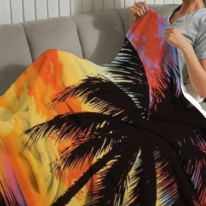 Palm Tree Sunset Beach Flannel Blanket Soft Warm Microfiber Blanket for Sofa Travel Camping All Season Gift 30x40in