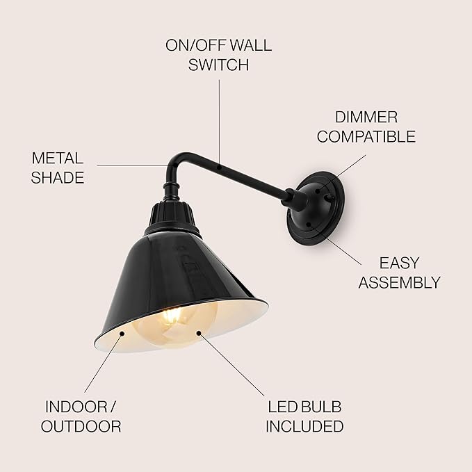 JONATHAN Y 9.63 Black 1-Light Farmhouse Outdoor Sconce Industrial LED Wall Light Gooseneck Arm Barn Lamp with Metal Bell Shade for Porch Patio Kitchen LED Bulb Included (JYL7612B)