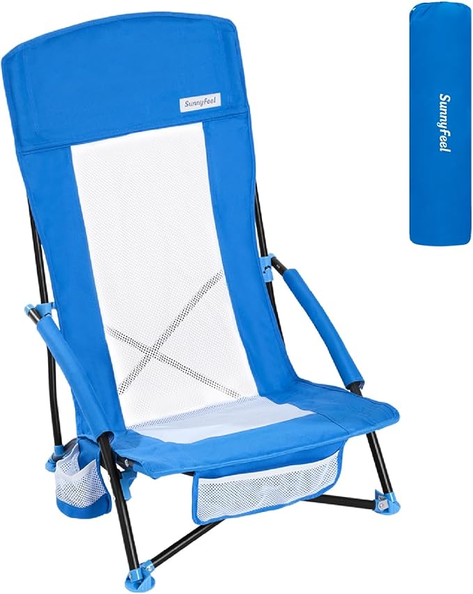 SUNNYFEEL Folding Beach Chair High Back Beach Chairs for Adults Lightweight Portable Camp Chair 300lbs Heavy Duty with Carry Bag Mesh Back Cup Holder for Outdoor Travel Picnic Concert Blue