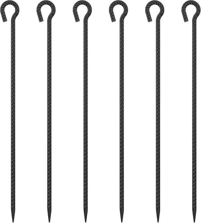 30 Inch Rebar Stakes Heavy Duty 6 Pack Tent Stakes with Loop 1/2 Inch Diameter Tarp Pegs Tree Stakes and Supports Ground Anchors Garden Rope Fence Stakes for Outdoor Camping and Yard Black